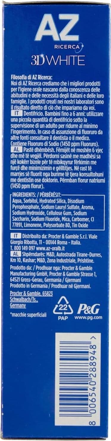 Dentifricio AZ 3D White & Cool 65 ml - Formula Sbiancante Avanzata - Freschezza Intensa