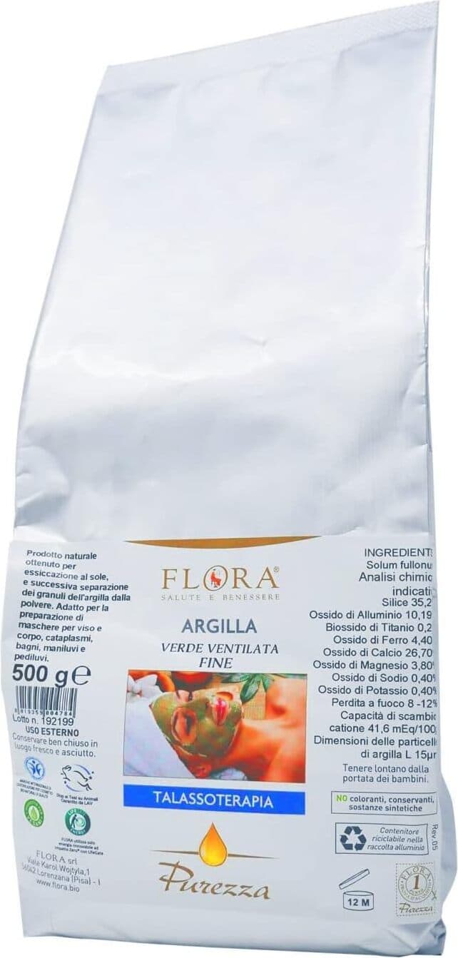 Argilla Verde Ventilata Fine 500g per Talassoterapia Flora - Rigenerante e Rivitalizzante per la Pelle, Certificata BDIH, Ideale per Aromaterapia, Uso Esterno
