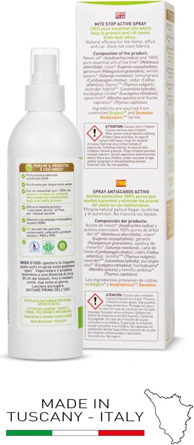 Spray Antiacaro Flora Acaro Stop - Bio ICEA, Efficacia Naturale 200 ml per Casa, Ufficio e Auto, Ecologico e Non Macchia i Tessuti
